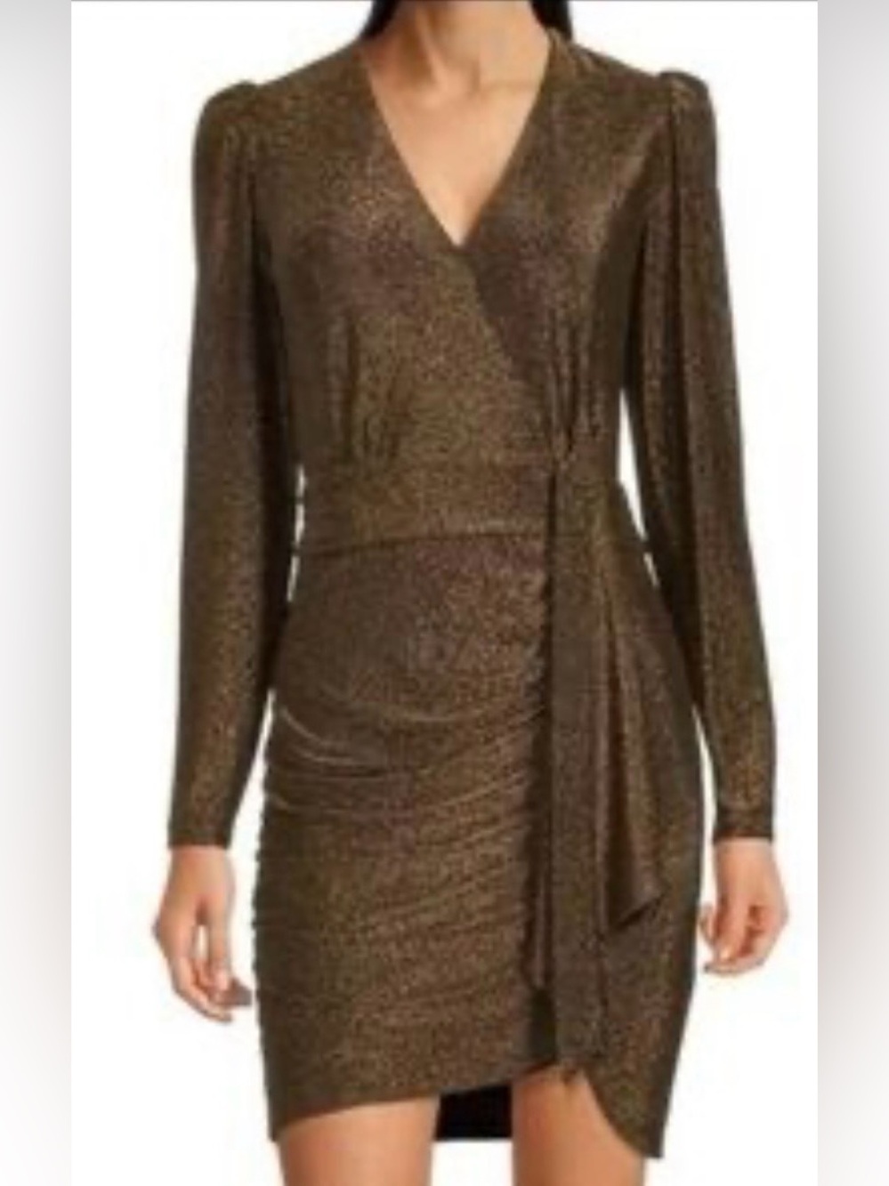 Alex Marie Chrissy Long Sleeve Faux Wrap Metallic Cocktail Dress ZB14